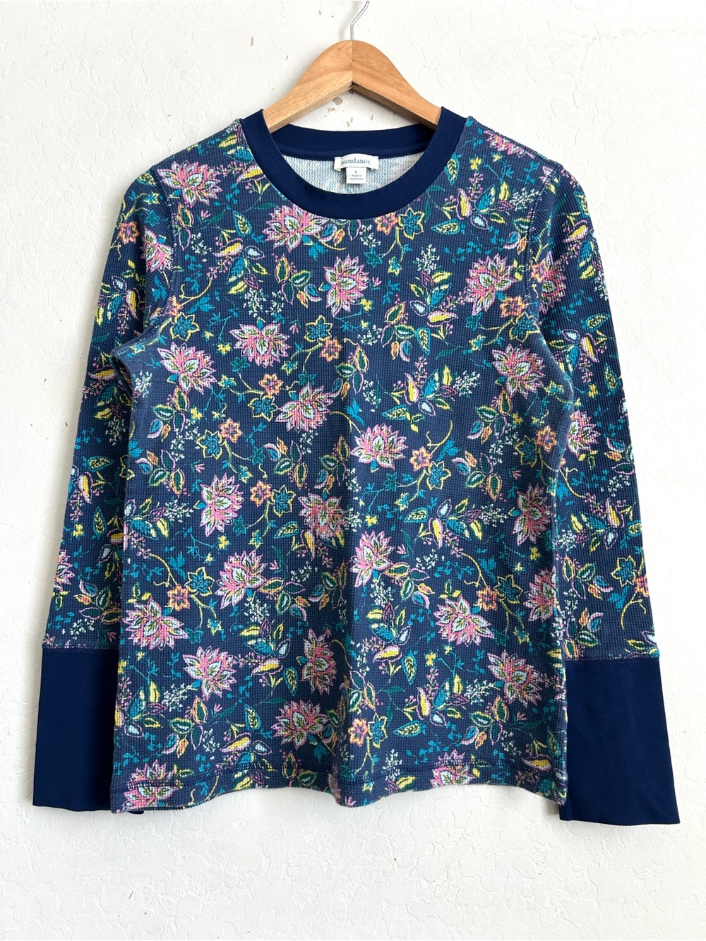 Sundance Waffle Knit Thermal Shirt Top Large Allover Floral Print Blue